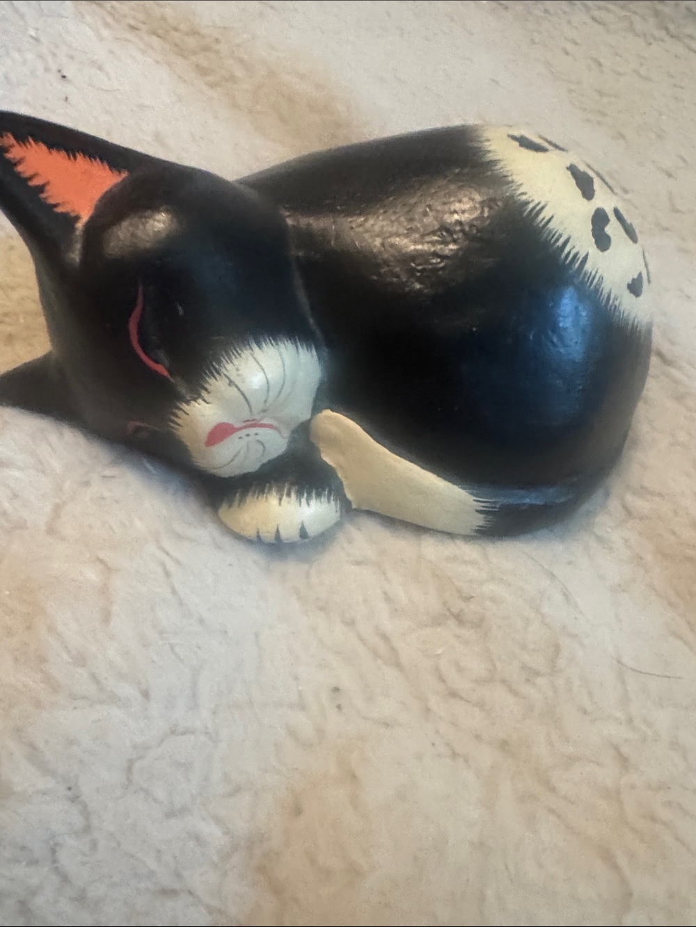 Handpainted Sleeping Cat Paper Mache in Black and Cream